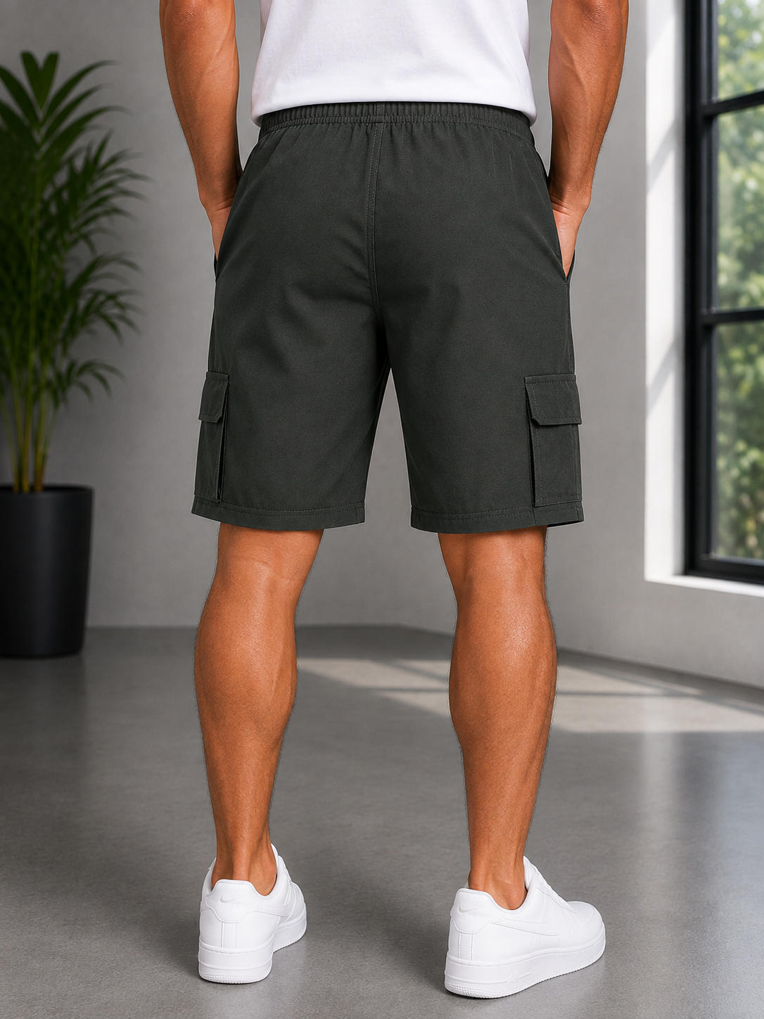 Men’s Dark green Green Cotton Cargo Shorts with Elastic Waist & Flap Pockets