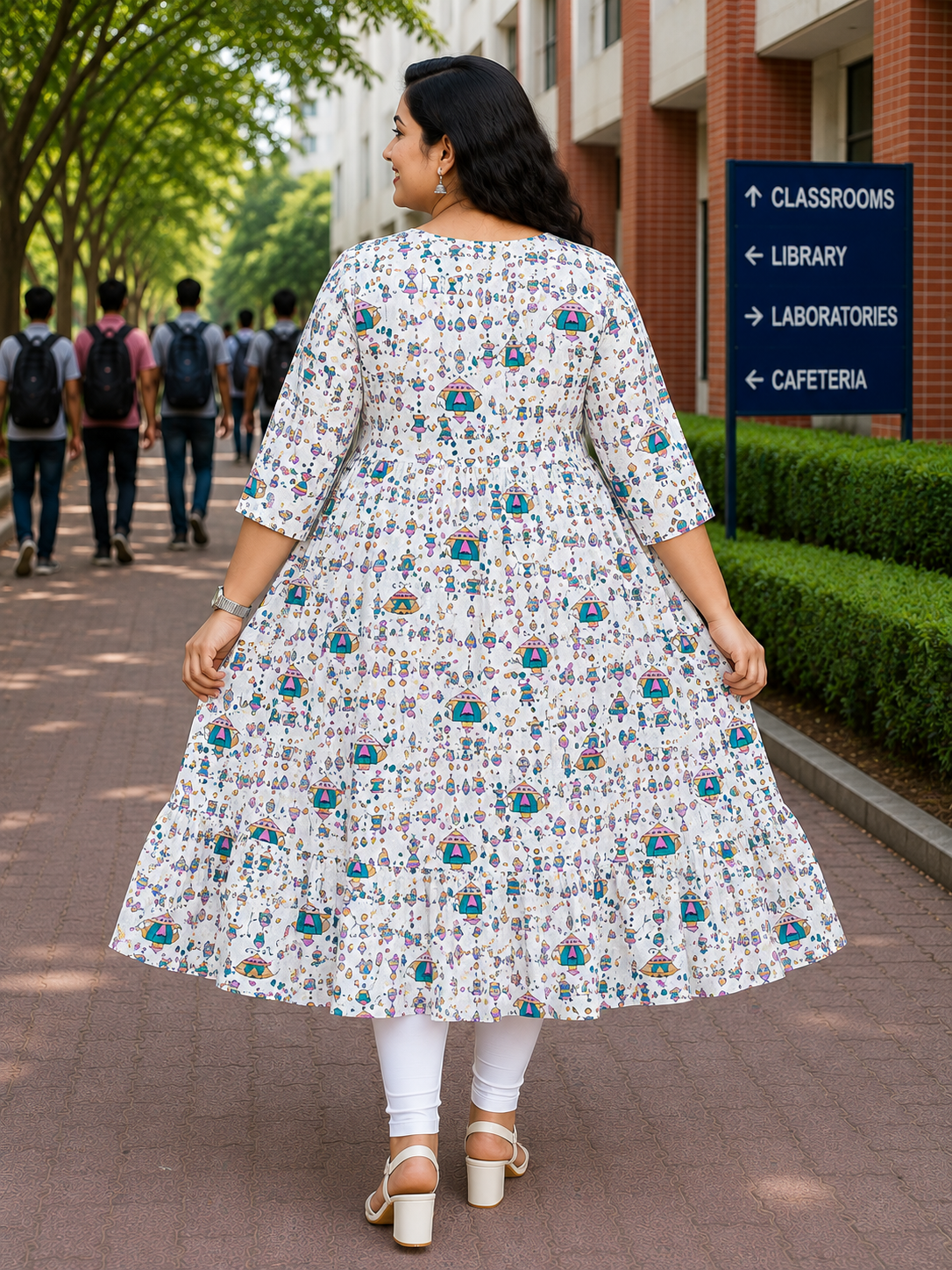 Women's Off-White with Multicolour  Printed Flared Umbrella model kurti with Elbow Sleeves