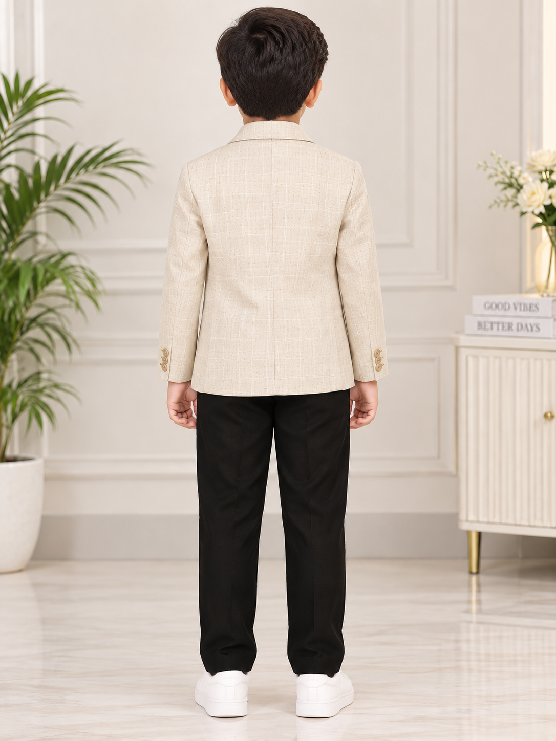 Boys Beige Blazer and Black Elastic Waist Pant Set