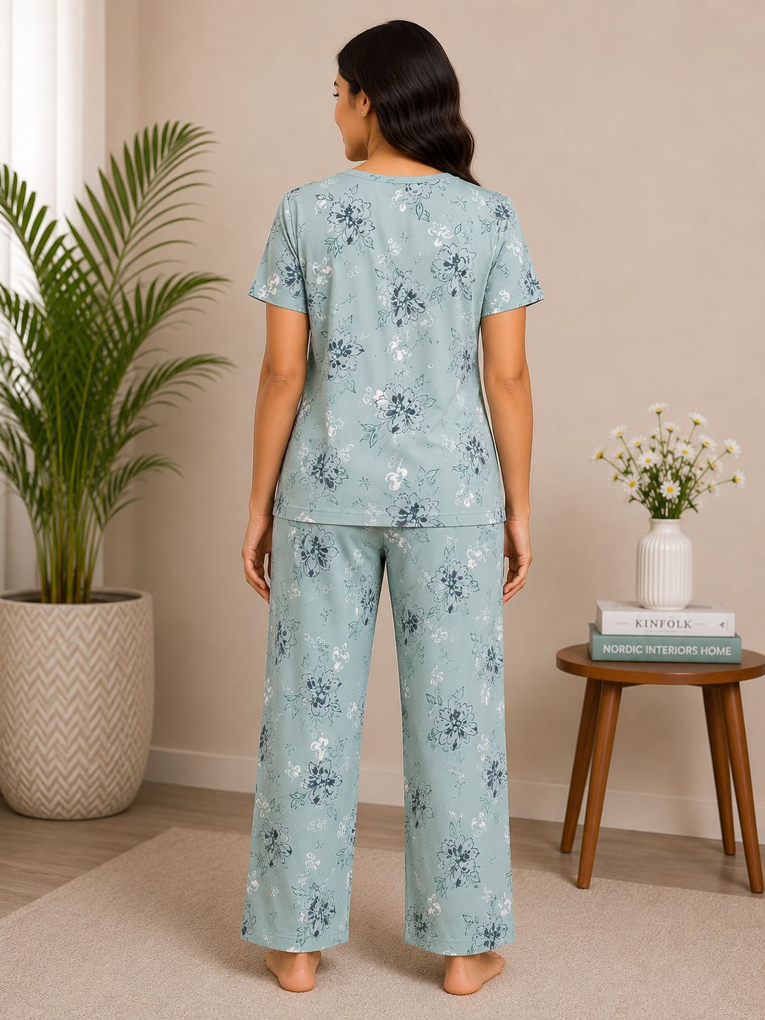 Women's Premium Alfain Fabric Steel Blue Floral Print Round Neck Night Suit with Side Slit Top & Elastic Waist Straight Pant