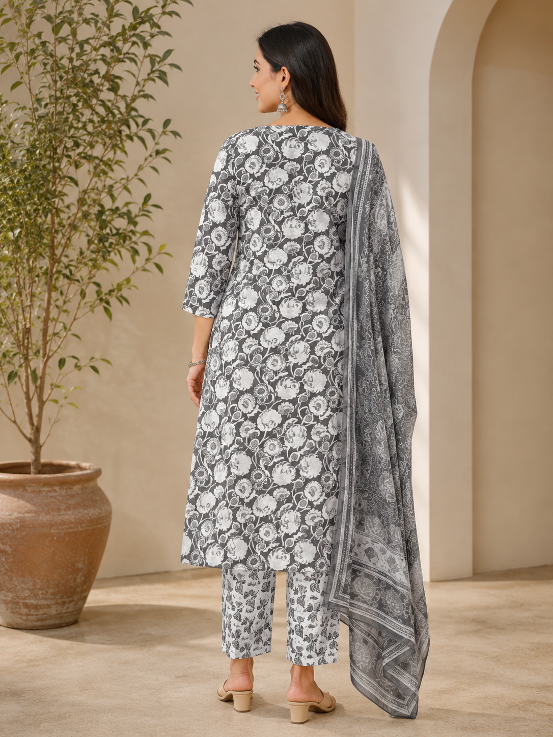 Elegant Grey and White Floral Printed Cotton 3-Piece Kurti Set