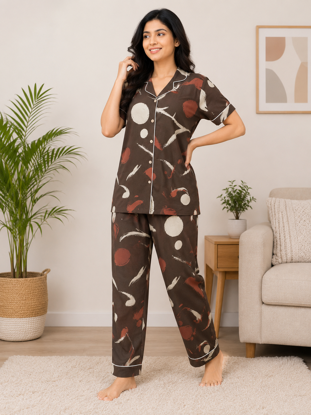 Premium Alfain Chocolate Brown Abstract Co-ord Set,With Button-down front, notch collar, contrast black piping, elasticated waist.
