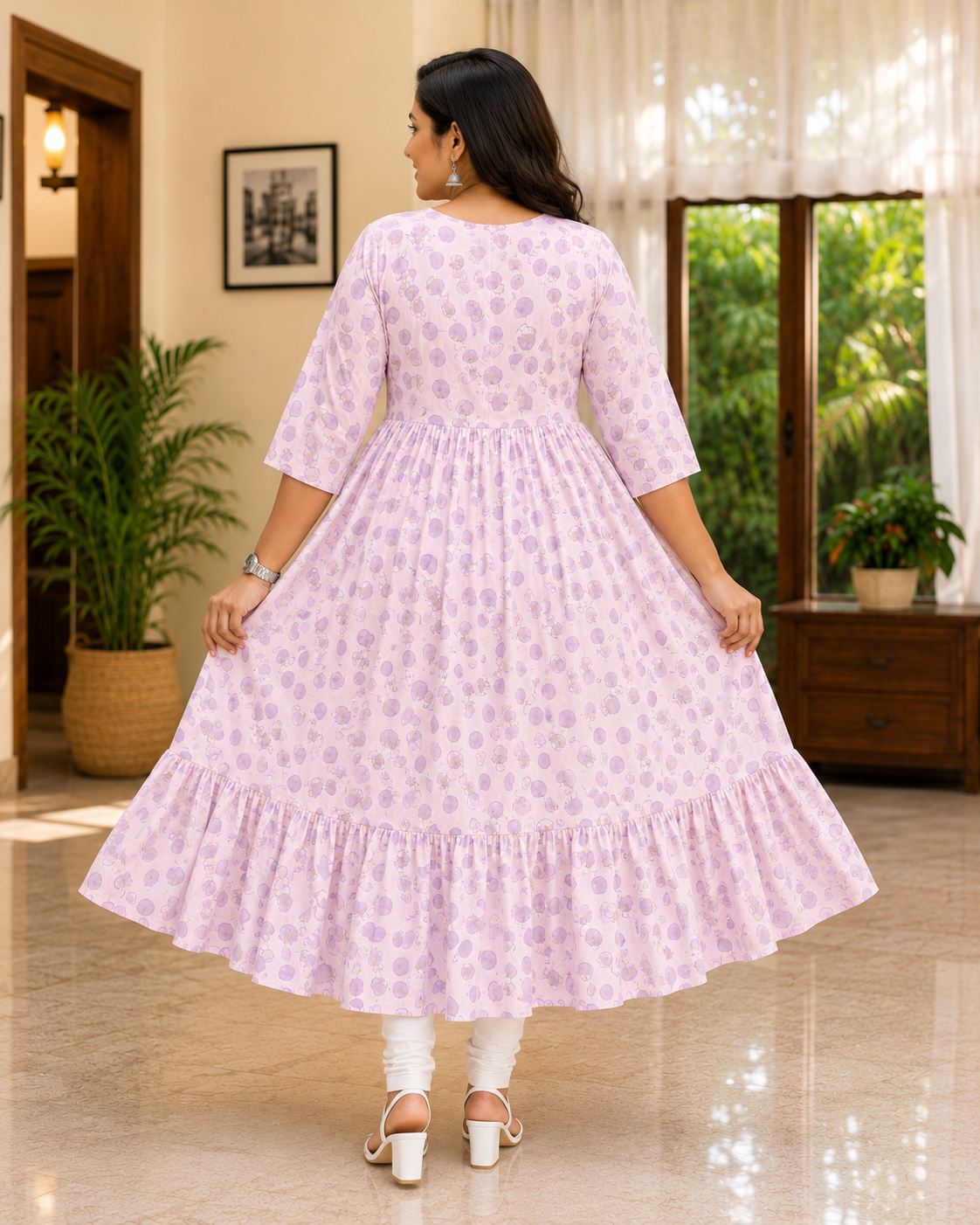 Women's Light Pink and Lavender Printed Flared Umbrella model kurti with Elbow Sleeves