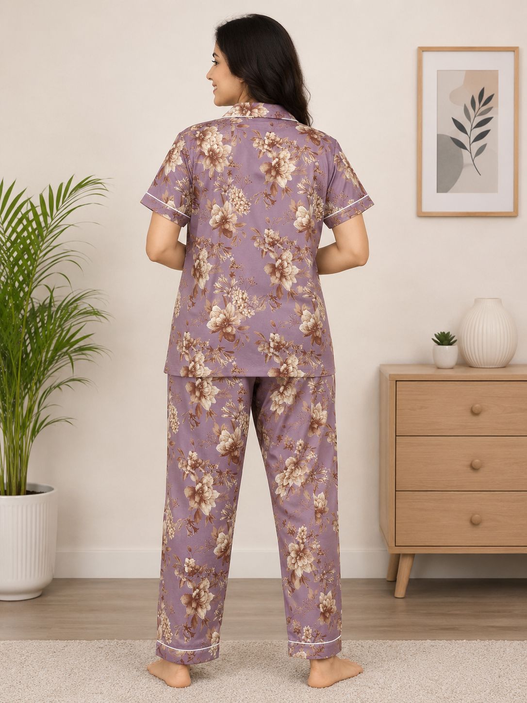 Premium Alfain Mauve Vintage Floral Co-ord Set,With Button-down front, notch collar, contrast black piping, elasticated waist.