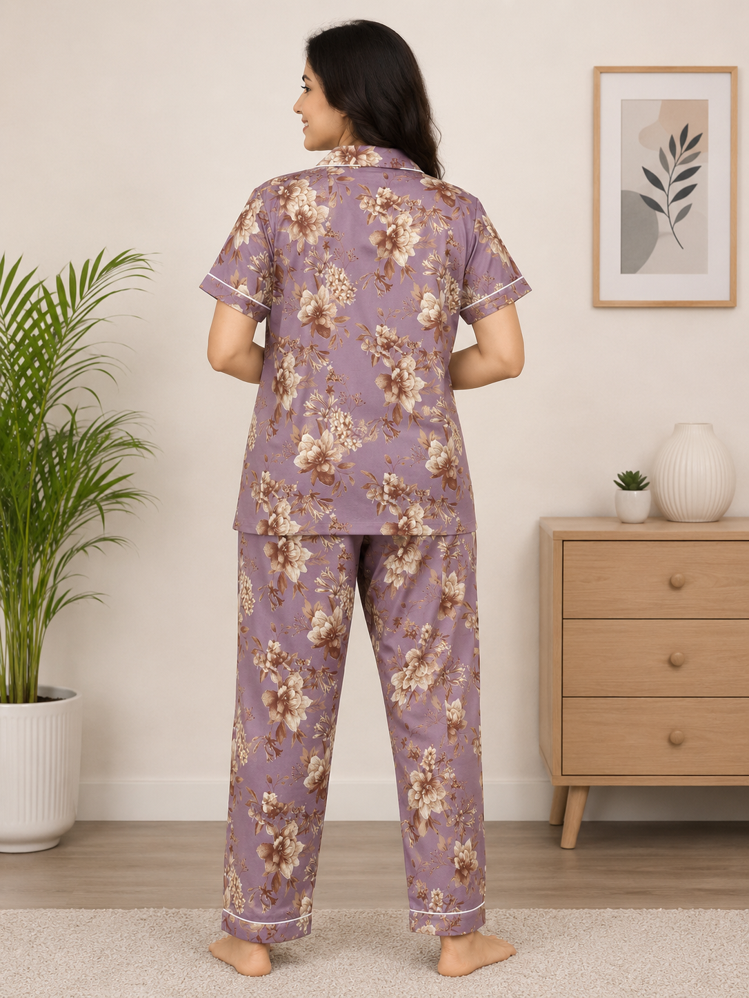 Premium Alfain Mauve Vintage Floral Co-ord Set,With Button-down front, notch collar, contrast black piping, elasticated waist.