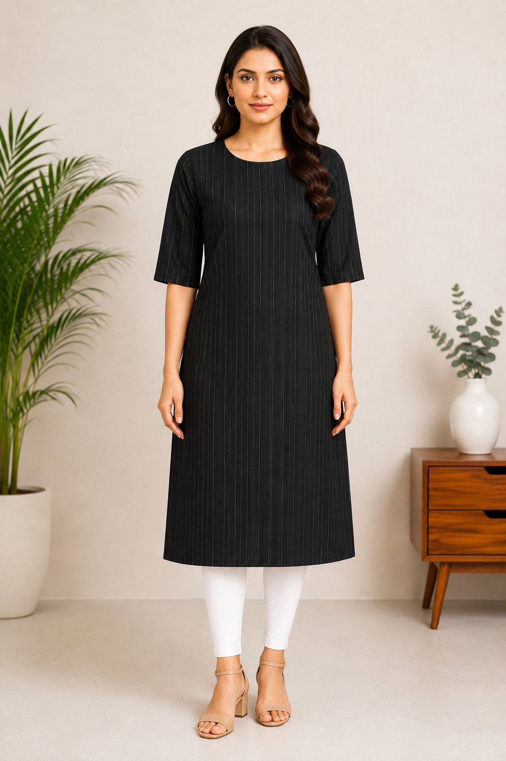 Women’s Charcoal Black Self-Striped Textured Cotton Straight-Cut Kurthi with Elbow Sleeves & Pocket