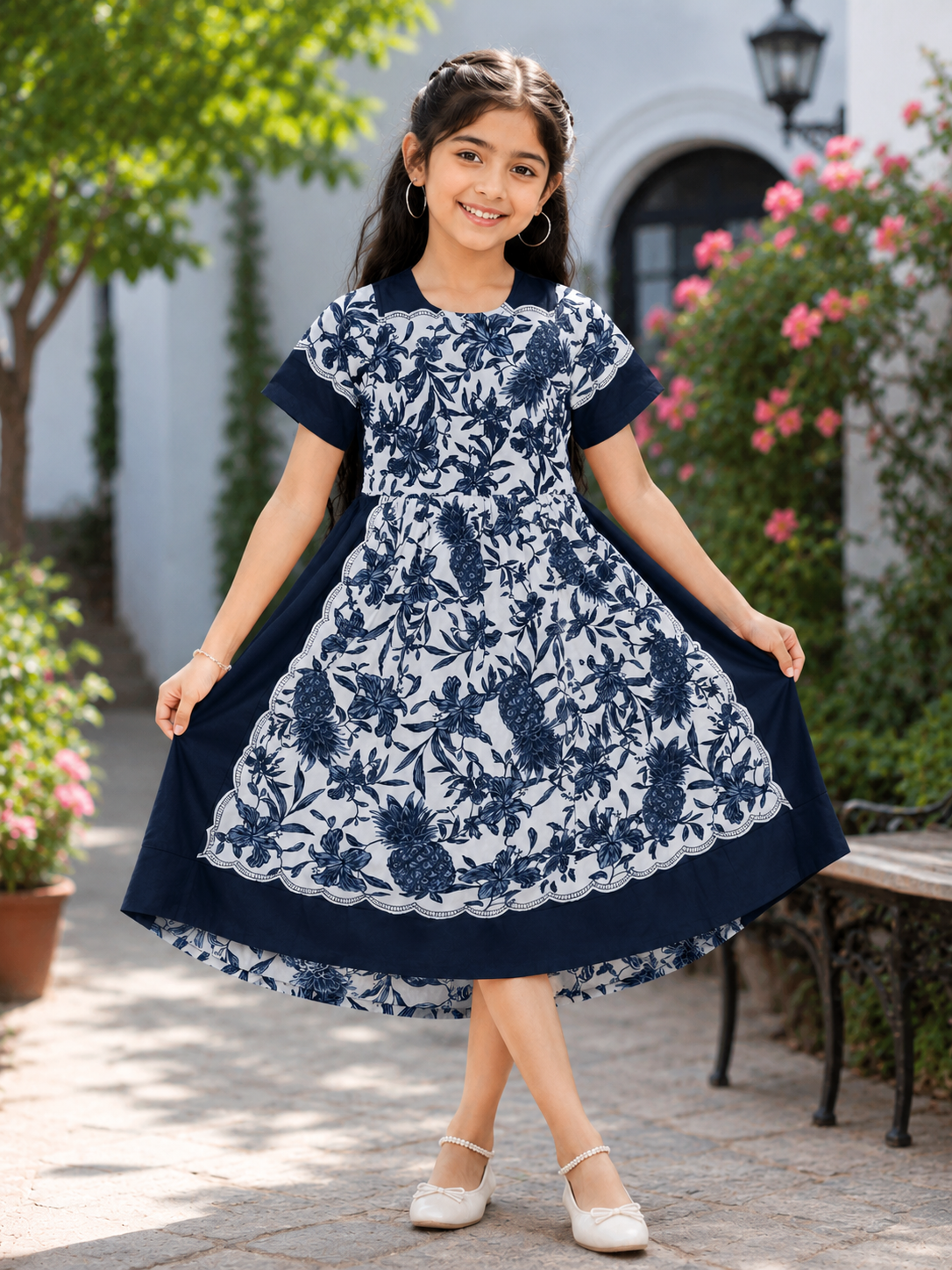 Teen Colours Navy & White Floral Border Print Premium Reyon Dress
