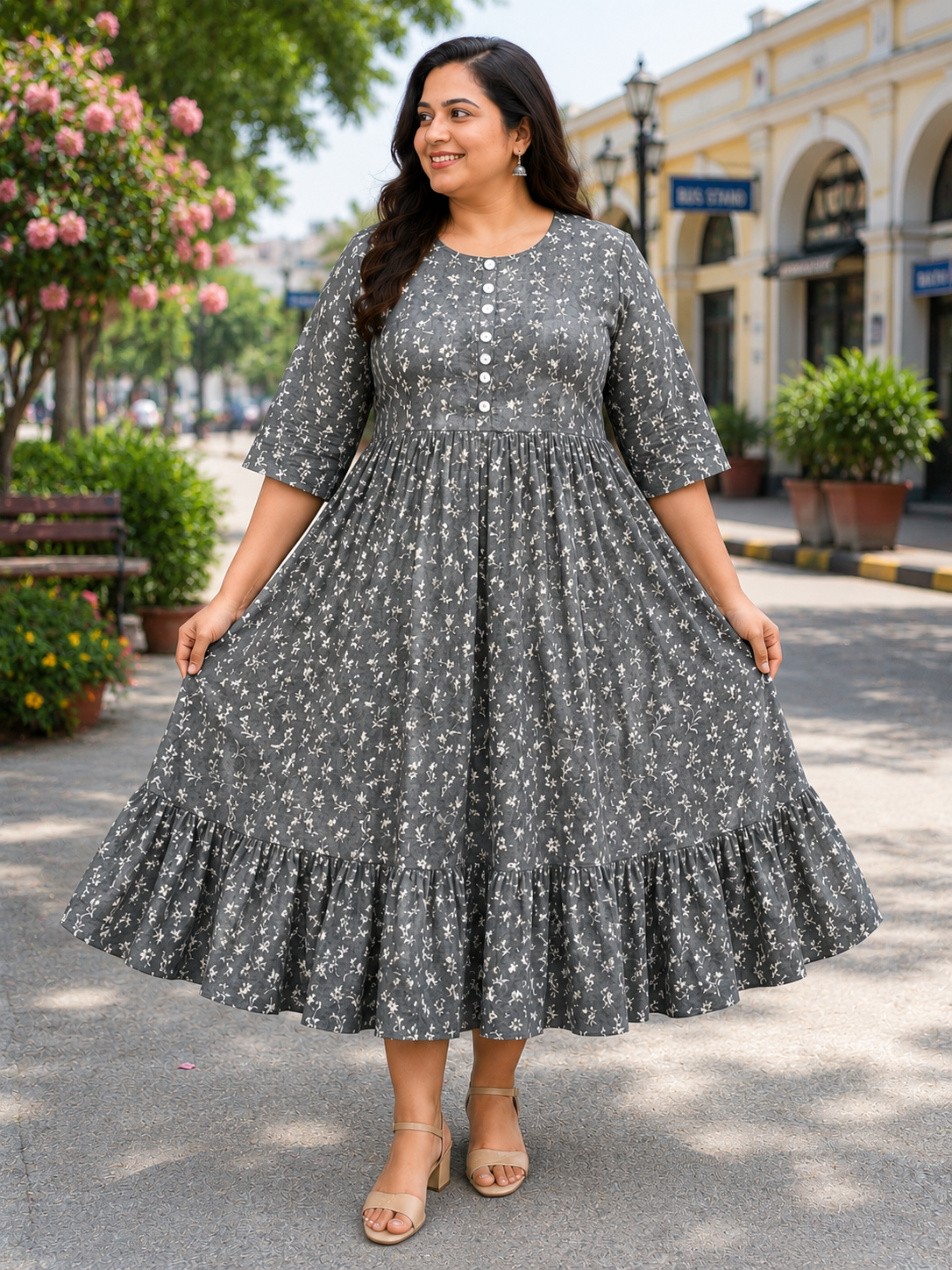 Women's Dark Grey Printed Flared Umbrella model kurti with inner lining and Elbow Sleeves