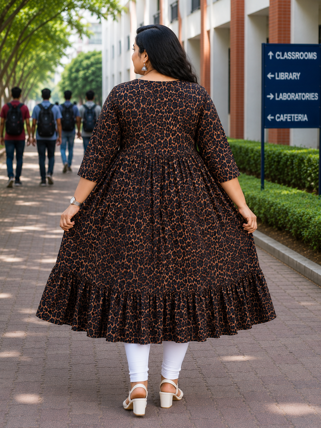 Women's Camel Brown and Black Animal Print Flared Umbrella model kurti with Elbow Sleeves