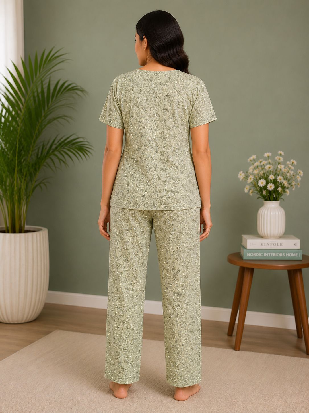 Women's Premium Pista Green Cotton Floral Print Elastic Waist Night Suit with Side Slit Top & Straight Pant