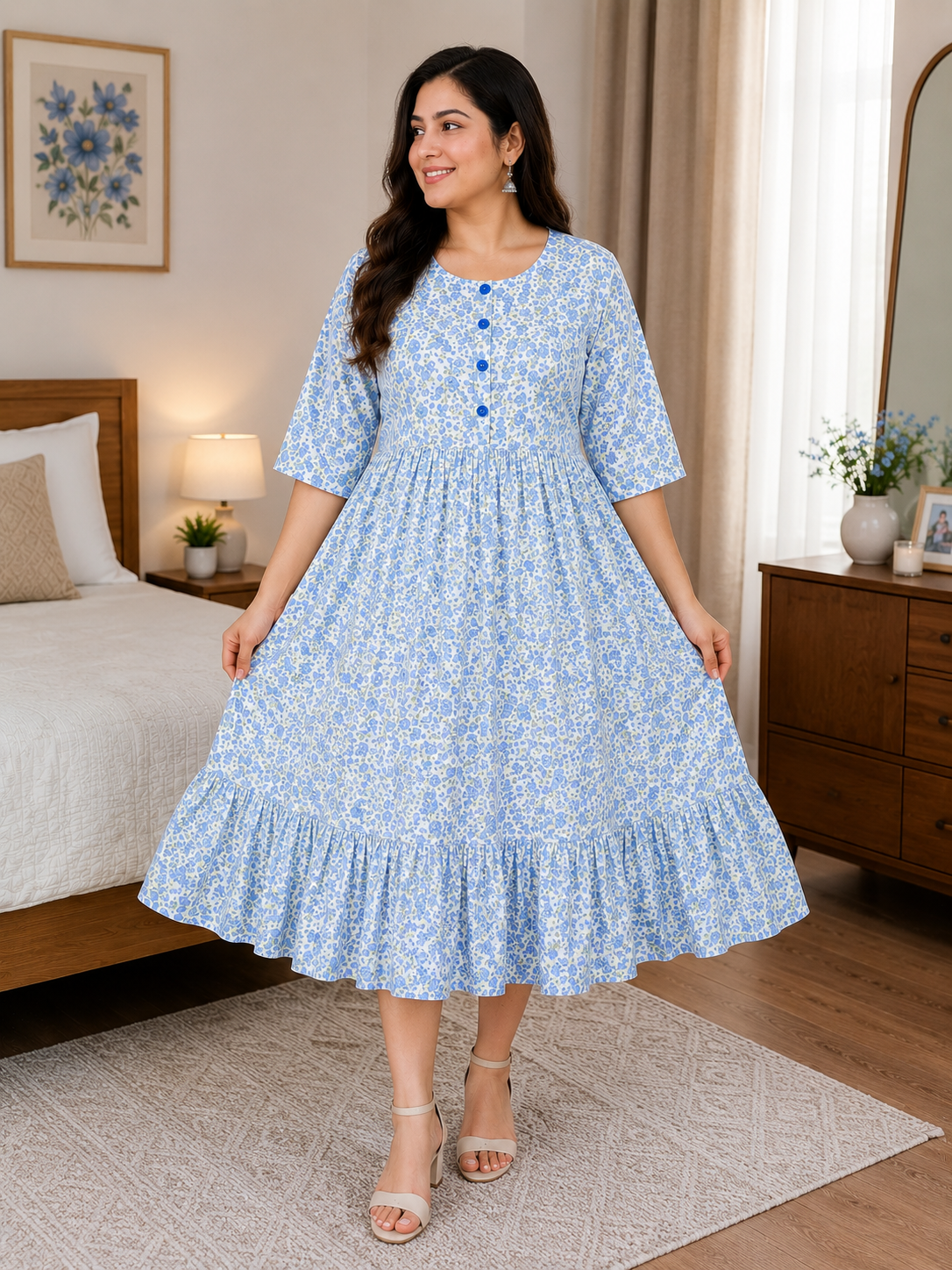 Women's Off-White with Blue Floral Print Flared Umbrella model kurti with Elbow Sleeves