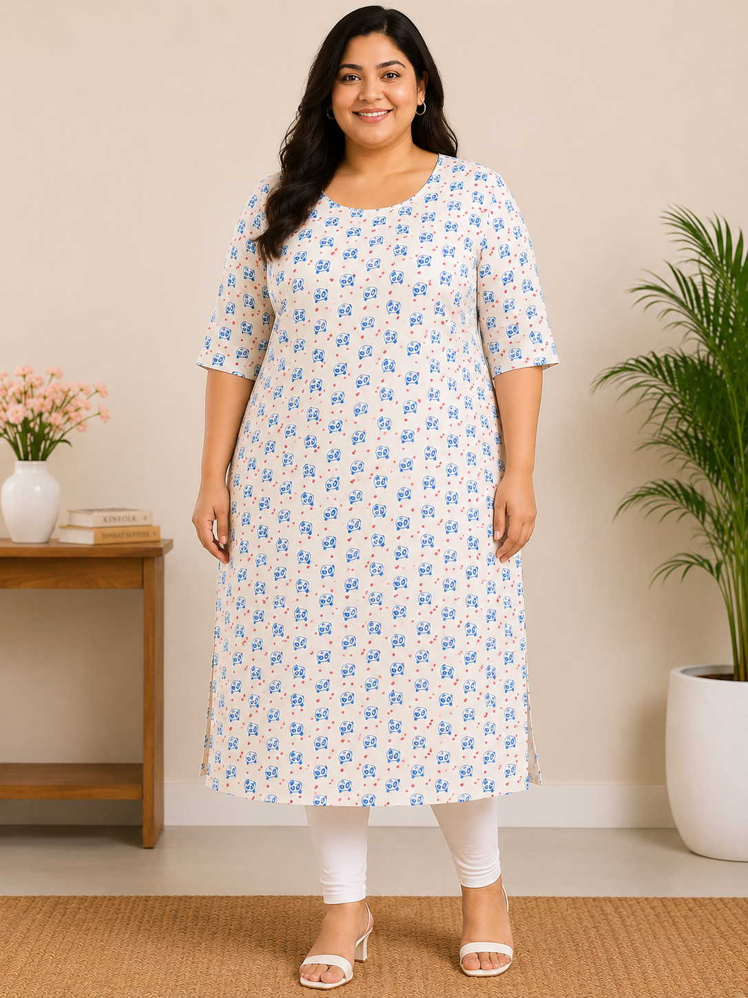 Womens White color Rayon Kurti - Blue Panda and Red Heart Print, Round Neck, Elbow Sleeves, Straight Cut with Pocket
