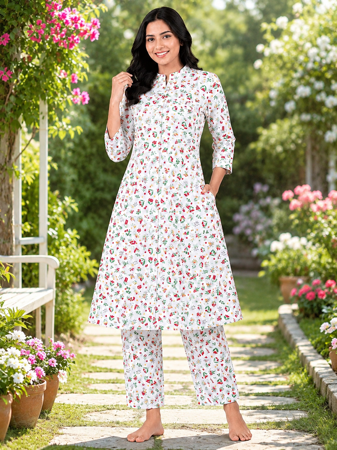 Women's Premium Cotton Pink Cherry Print,prince cut 2-Piece Co-Ord Set (Kurti & Pant)