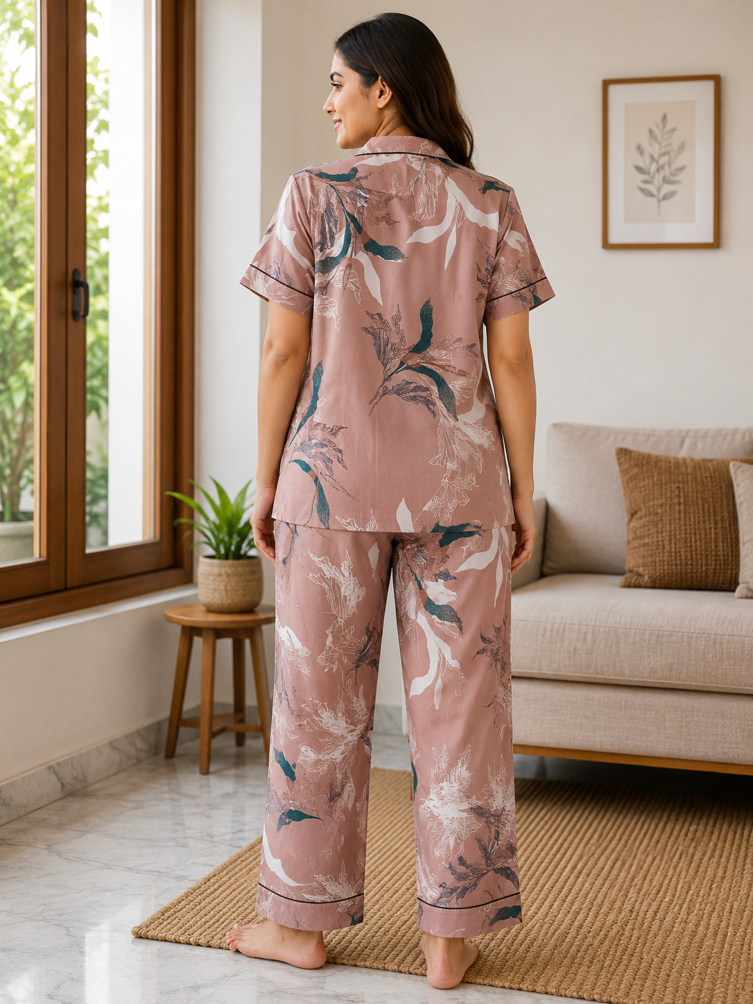 Premium Alfain Dusty Rose Tropical Co-ord Set,With Button-down front, notch collar, contrast black piping, elasticated waist.
