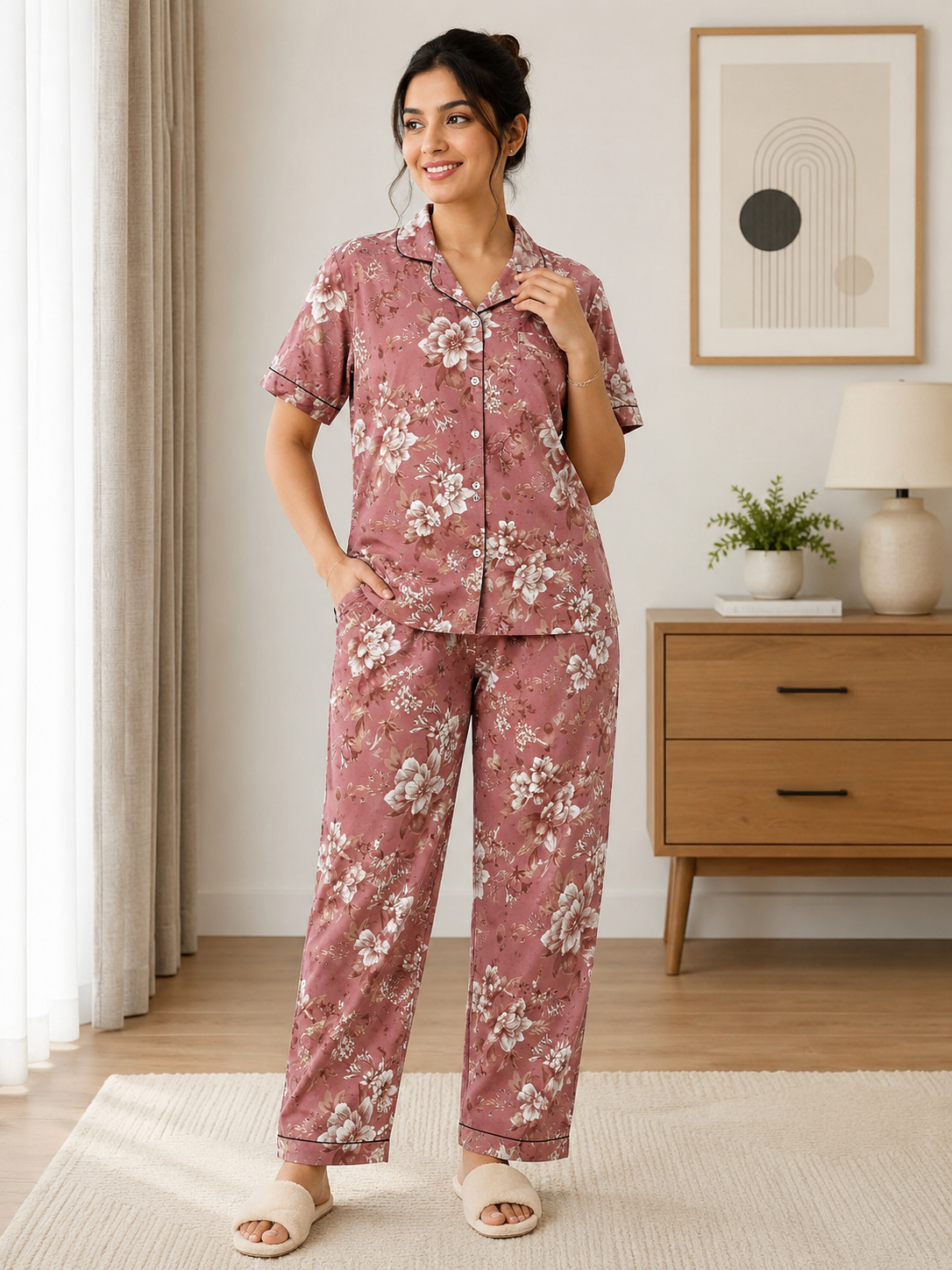 Premium Alfain Brick Red Vintage Floral Co-ord Set,With Button-down front, notch collar, contrast black piping, elasticated waist.
