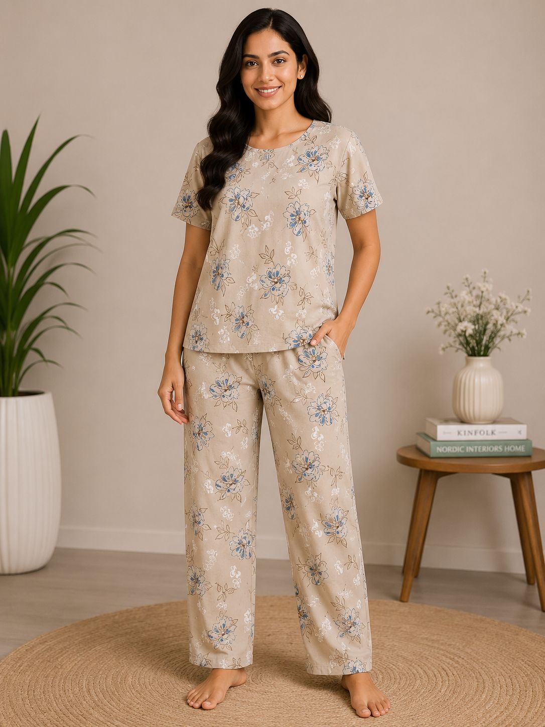 Women's Premium Alfain Fabric Light Khaki Floral Print Round Neck Night Suit with Side Slit Top & Elastic Waist Straight Pant