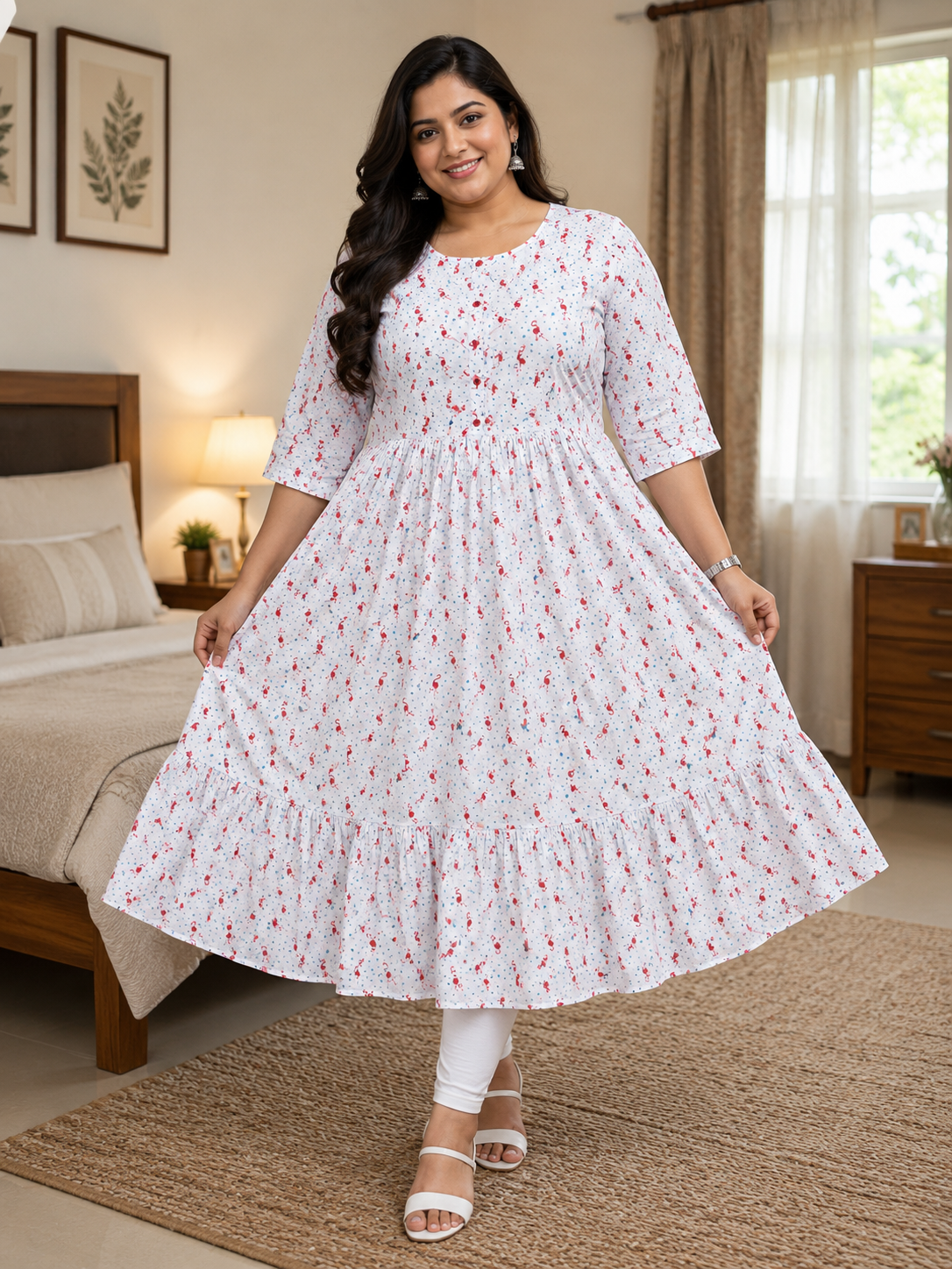 Women's Off-White with Red and Blue Print Flared Umbrella model kurti with Elbow Sleeves