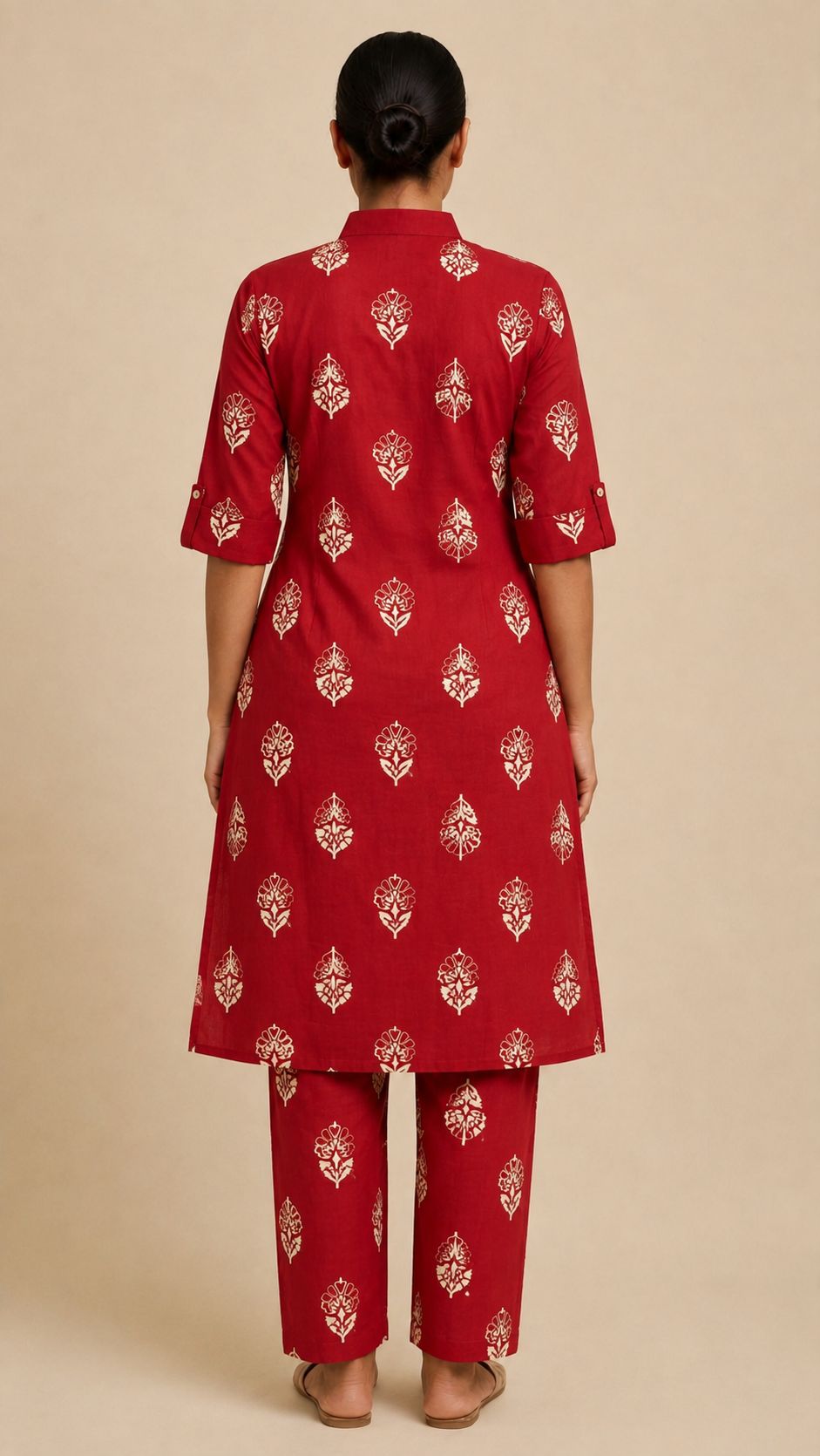 Women's Premium Maroon Cotton Floral Print 2-Piece KurtiSet with Chinese Collar, Front Open Buttons, A-Line Princess Cut Top & Straight Pant