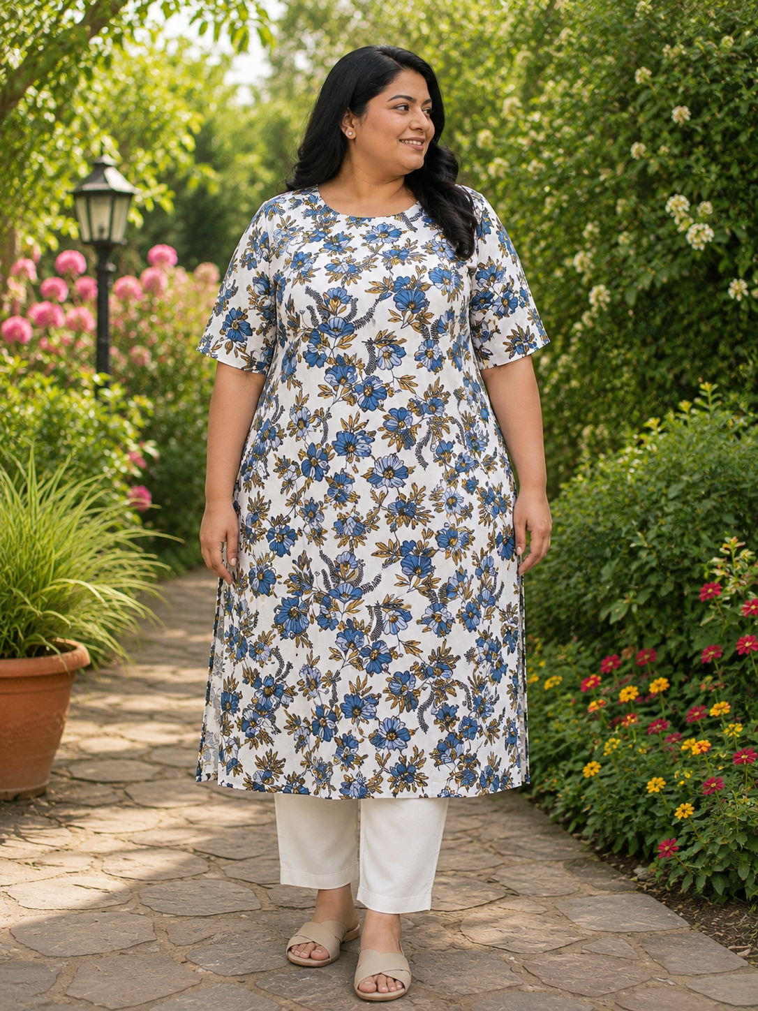 Womens White color rayon Kurti - Blue and Mustard Floral Print, Round Neck, Elbow Sleeves, Straight Cut with Pocket