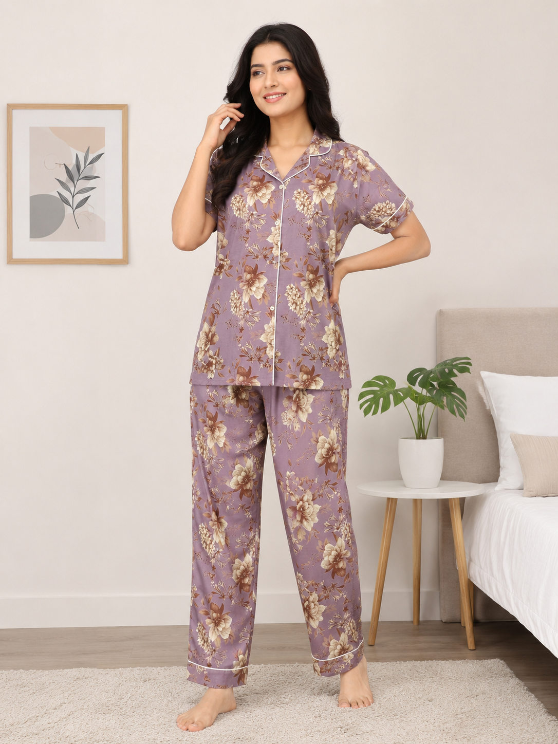 Premium Alfain Mauve Vintage Floral Co-ord Set,With Button-down front, notch collar, contrast black piping, elasticated waist.