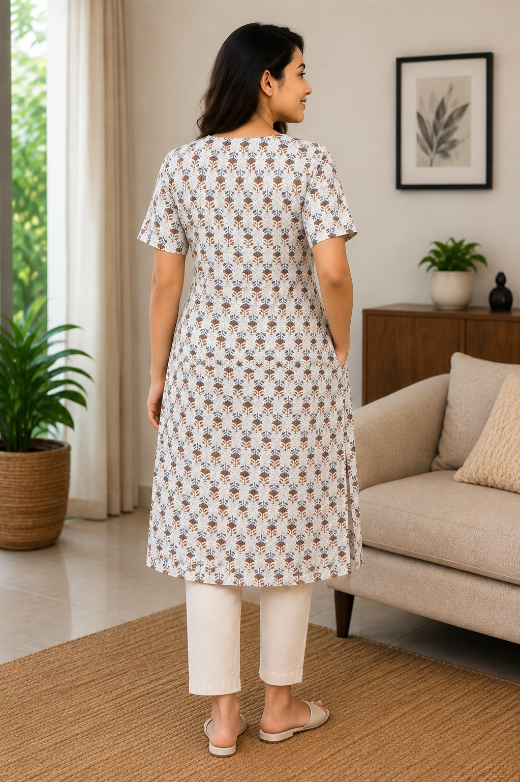 Women's Cream color Cotton Kurti - Mustard & Navy Leaf Block Print Round Neck Elbow Sleeves Straight Cut with Pocket