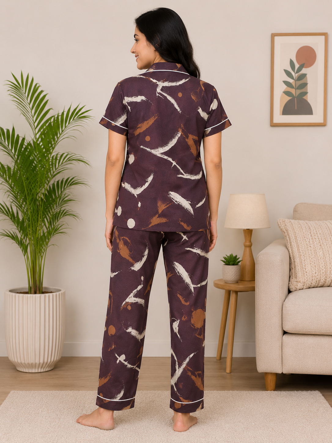 Premium Alfain Burgundy or Wine colour Abstract Co-ord Set  With Button-down front, notch collar, contrast black piping, elasticated waist