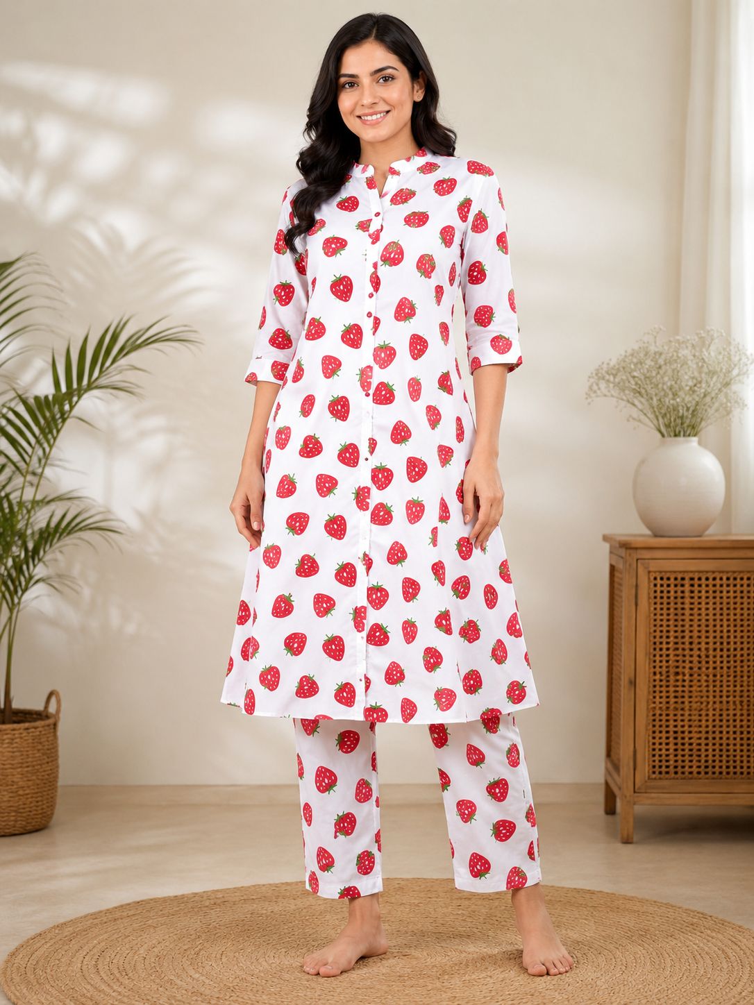 Women's White Strawberry Print Princess Cut Kurti & Pant Co-Ord Set with Mandarin Collar and Folded Cuff Sleeves