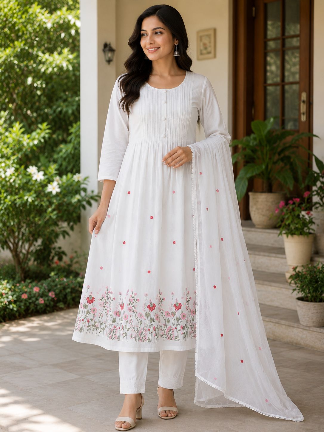 Elegant Off-White Silk Embroidered 3-Piece Kurti Set