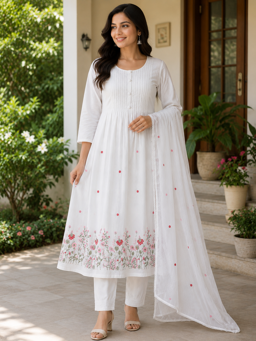 Elegant Off-White Silk Embroidered 3-Piece Kurti Set
