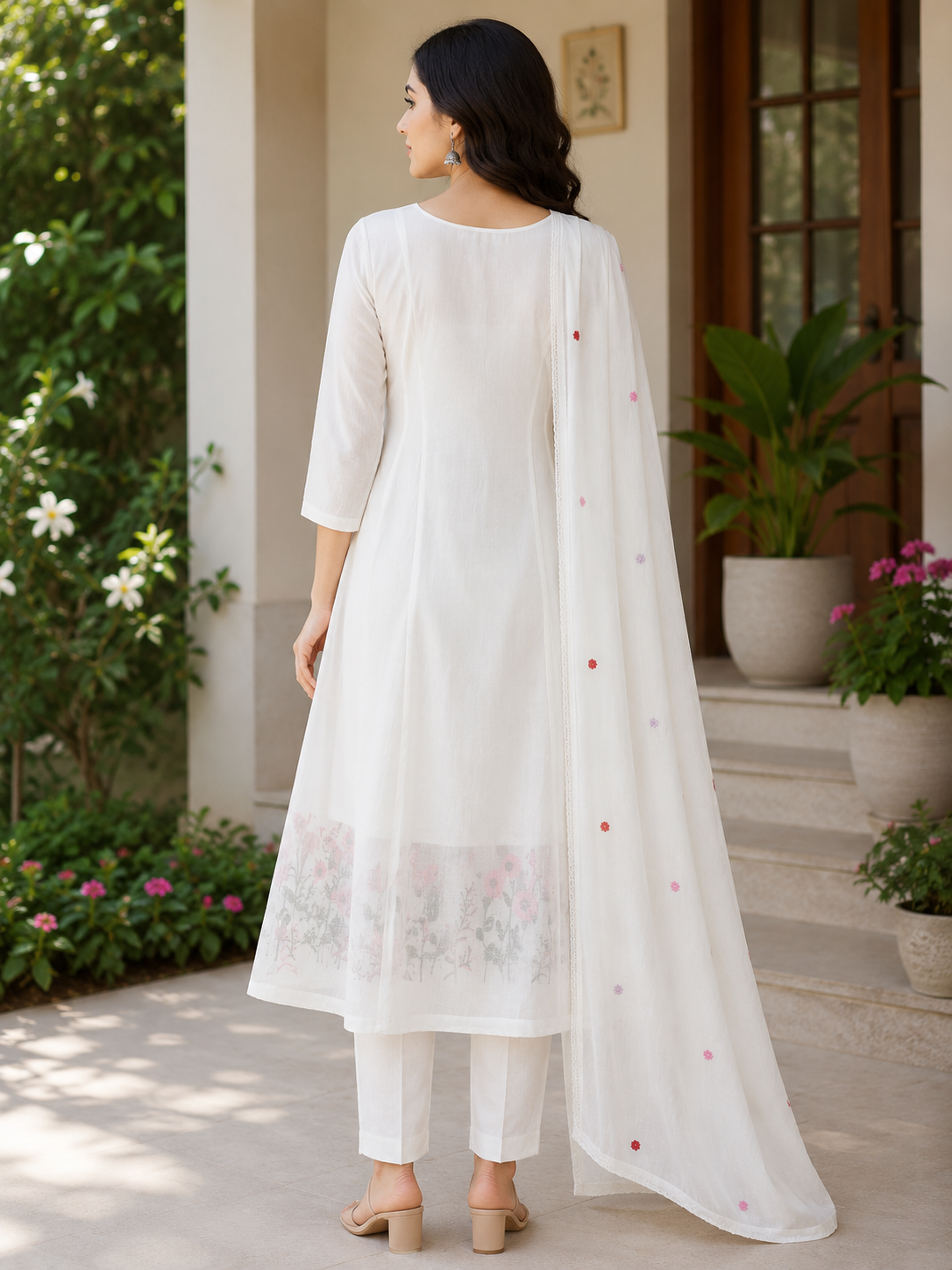 Elegant Off-White Silk Embroidered 3-Piece Kurti Set