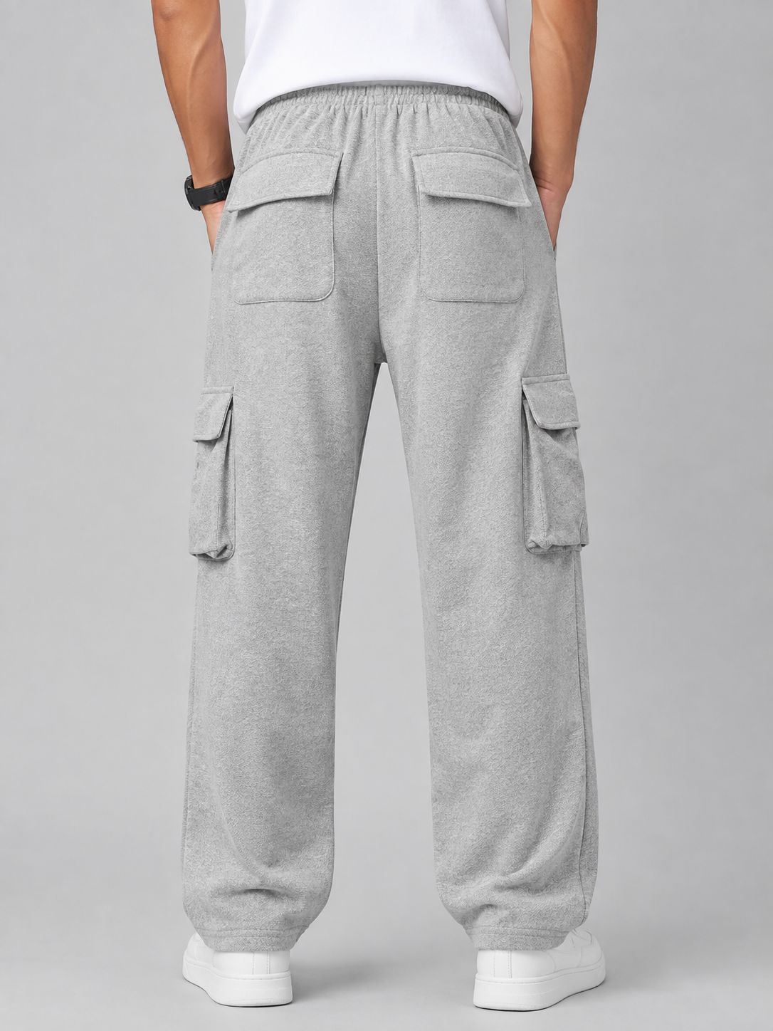 Men's Light Grey Cargo Pant - 6 Pockets - Baggy Straight Fit - Elastic Waist with Drawstring - Casual Streetwear