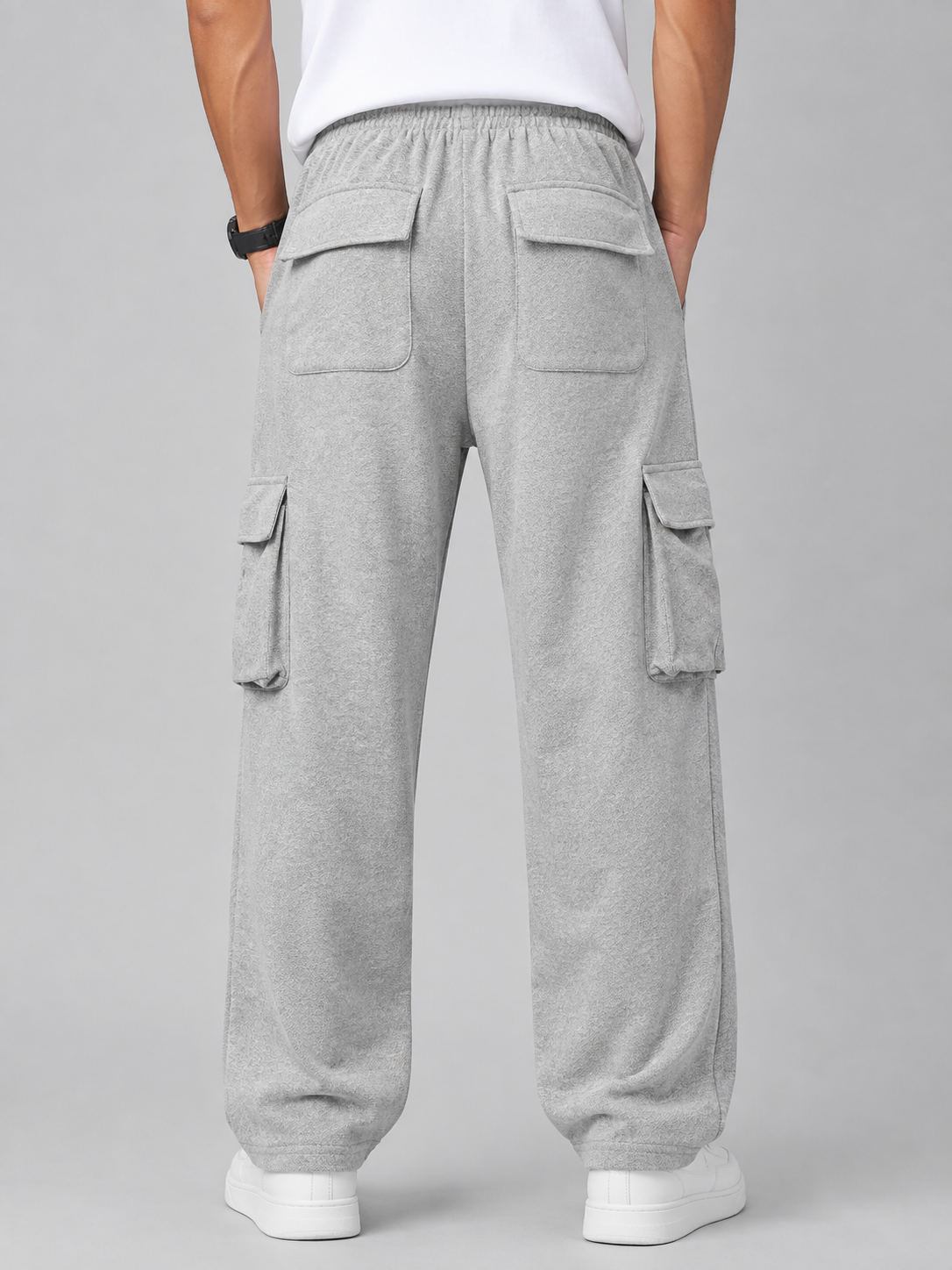 Men's Light Grey Cargo Pant - 6 Pockets - Baggy Straight Fit - Elastic Waist with Drawstring - Casual Streetwear
