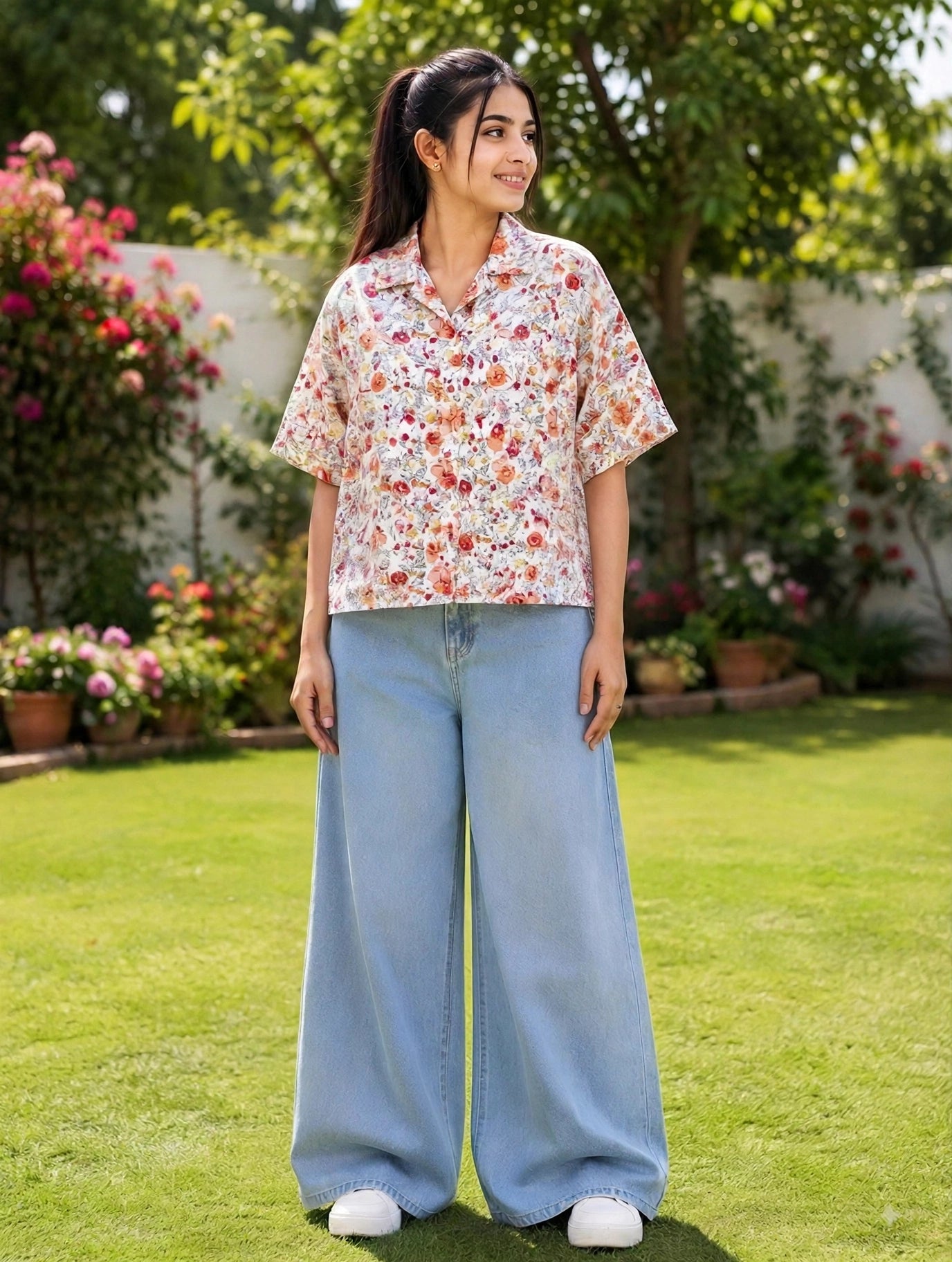 teen colours Ladies vintage floral print cuban collar rayon baggy shirt with chest pocket