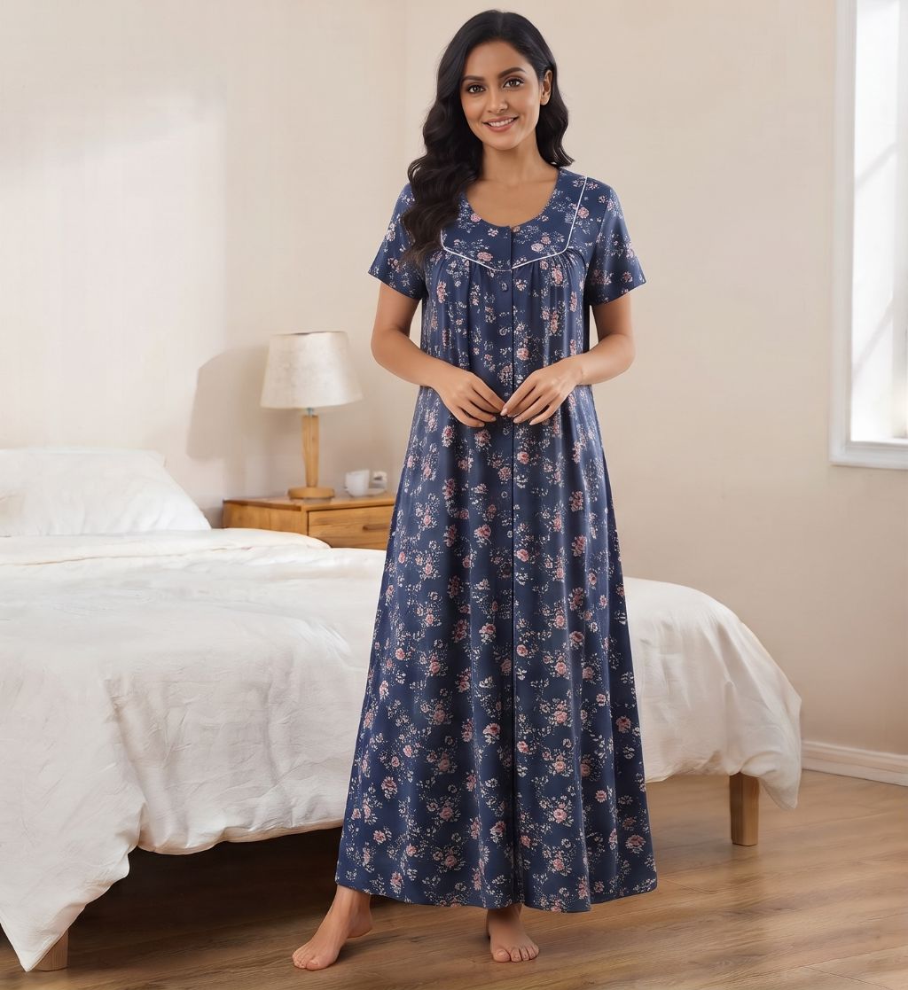 Women's Navy Blue Floral Print Maxi Nighty Rayon Fabric Front Open.