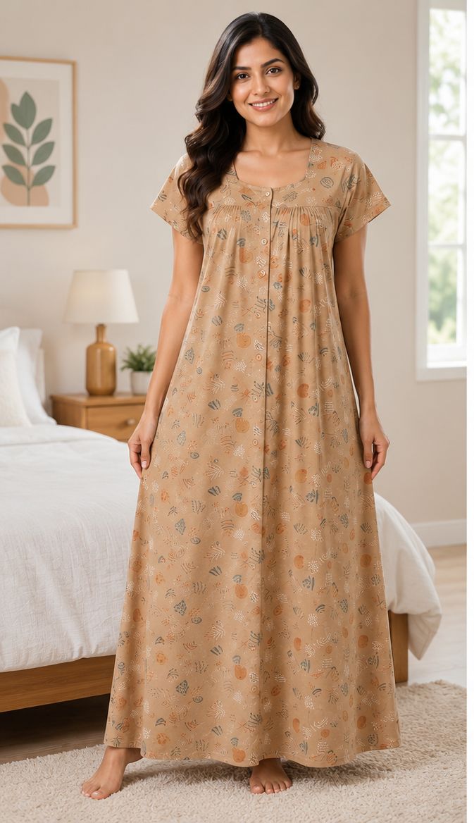 Women's light brown Abstract Print Maxi Nighty Rayon Fabric Front Open