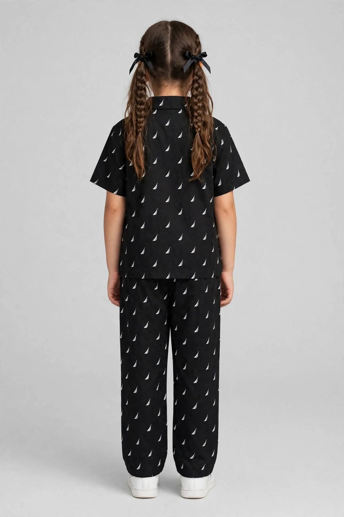 Kids Black & Cream Printed Cuban Collared Half Sleeve Button-Down Baggy Shirt & Elastic Waist Pant Co-ord Set