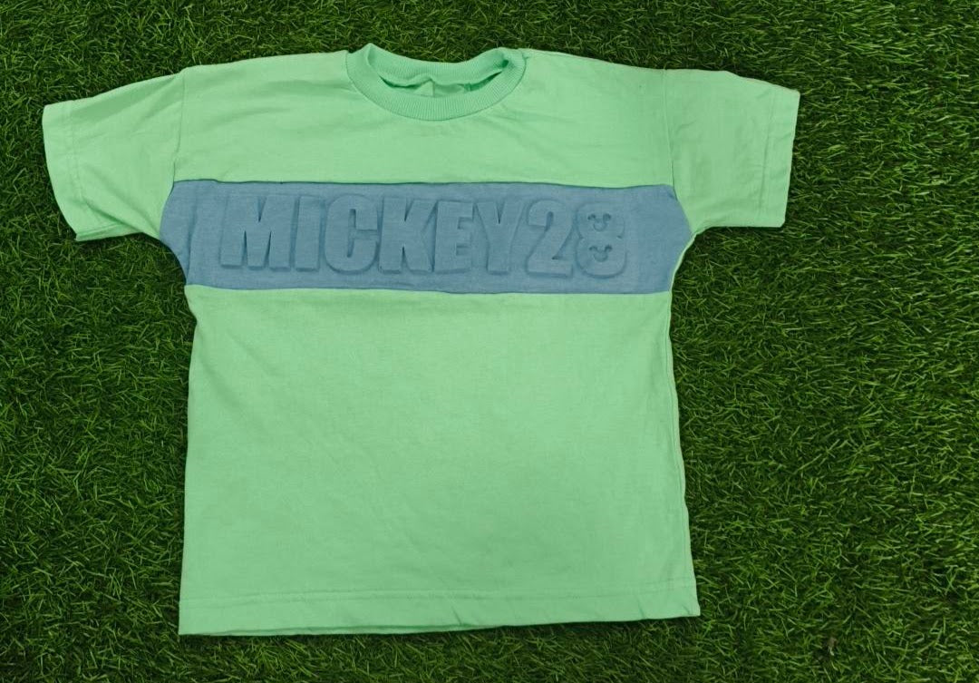 Kids Mint Green Mickey 28 Embossed Panel Round Neck T-Shirt