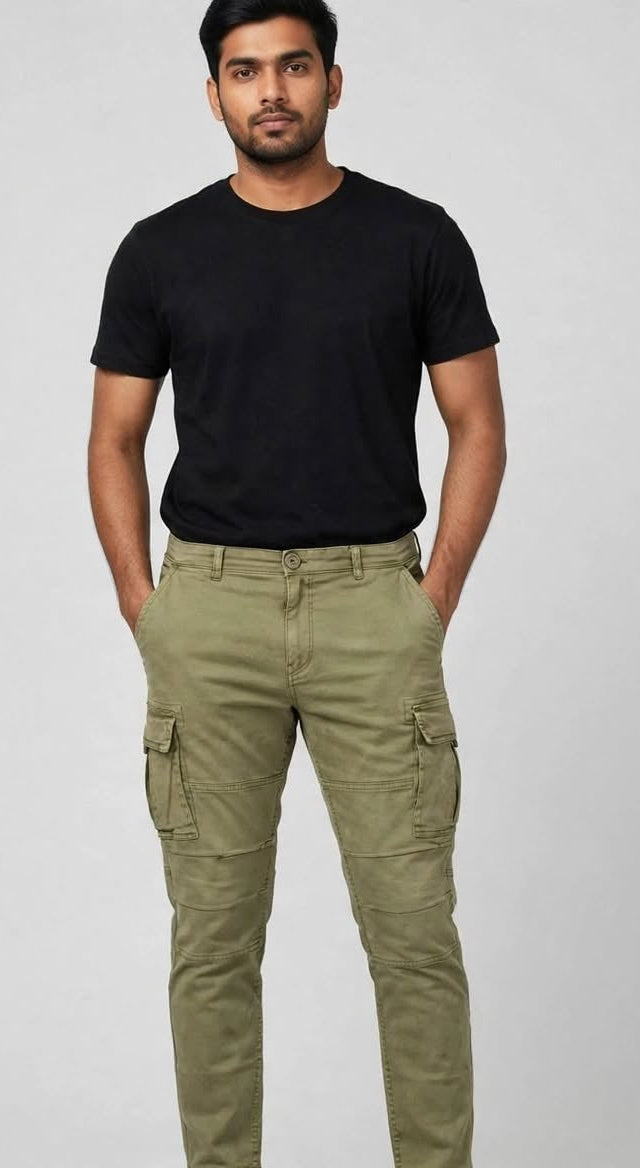 Mens Olive green color 6 Pocket Slim Fit Cargo Pant
