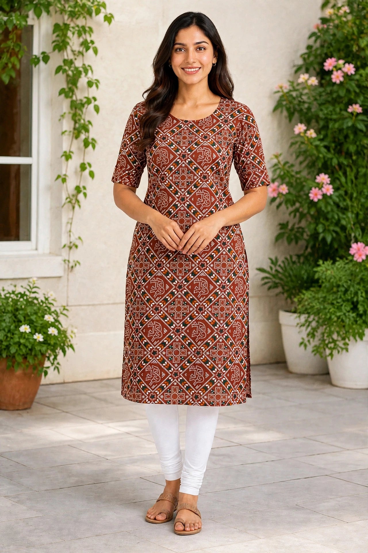 Women’s Rust Brown Multicolour Ethnic Printed Cotton Straight-Cut Kurthi with Elbow Sleeves & Pocket
