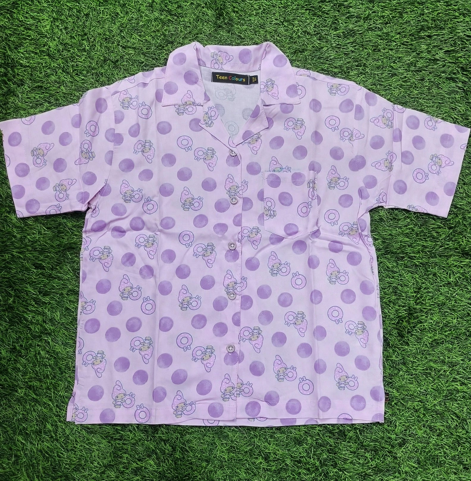 Teen Colours Girls Light Pink Cartoon Rabbit Print Cuban Collar rayon Baggy Shirt
