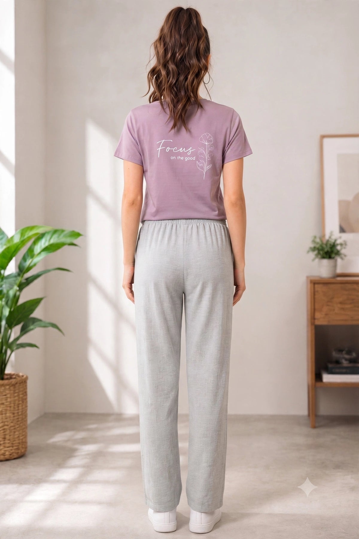 Women's Grey color Casual Elastic Waist Ladies Pant