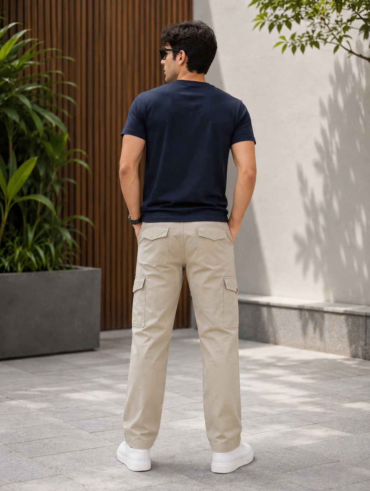 Mens  Beige color 6 Pocket Slim Fit Cargo Pants with Drawstring Waist Button Closure Side Cargo Pockets
