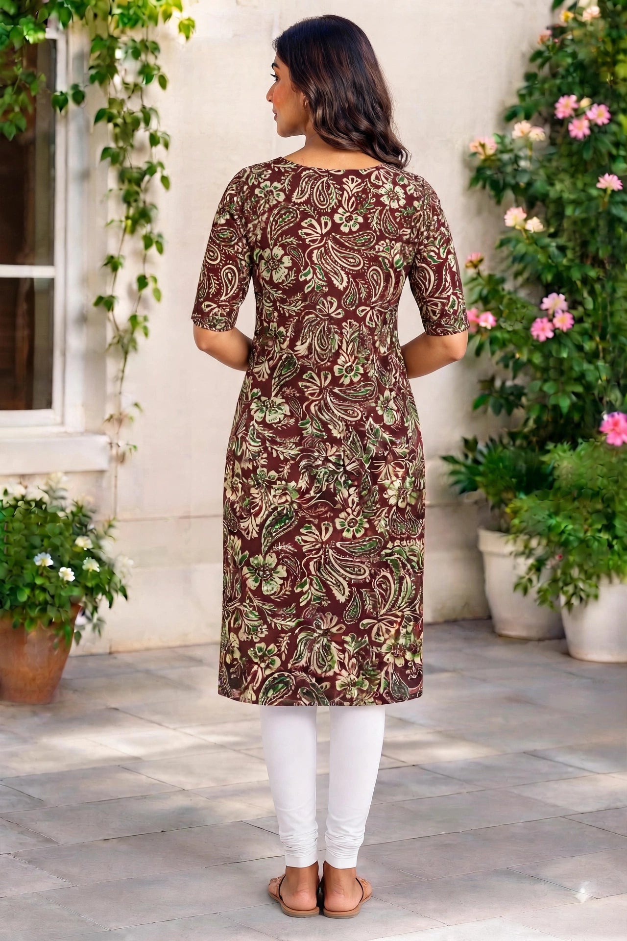 Women’s Wine Maroon Floral Paisley Printed Cotton Straight-Cut Kurthi with Elbow Sleeves & Pocket