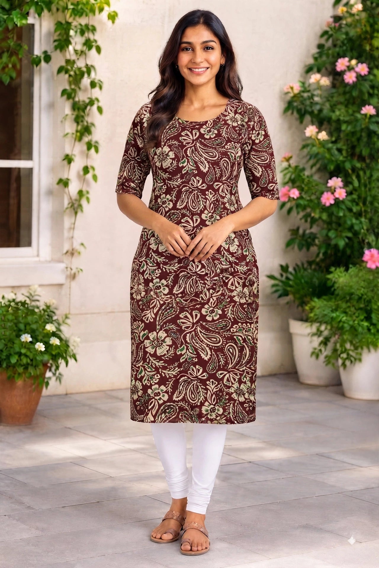 Women’s Wine Maroon Floral Paisley Printed Cotton Straight-Cut Kurthi with Elbow Sleeves & Pocket