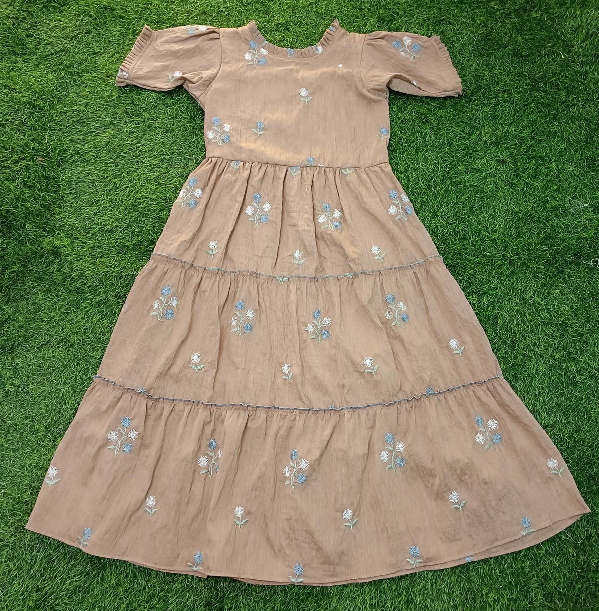 Ladies Light Brown Floral Embroidered Frill Round Neck Puff Sleeve 3-Step Flared Long Frock