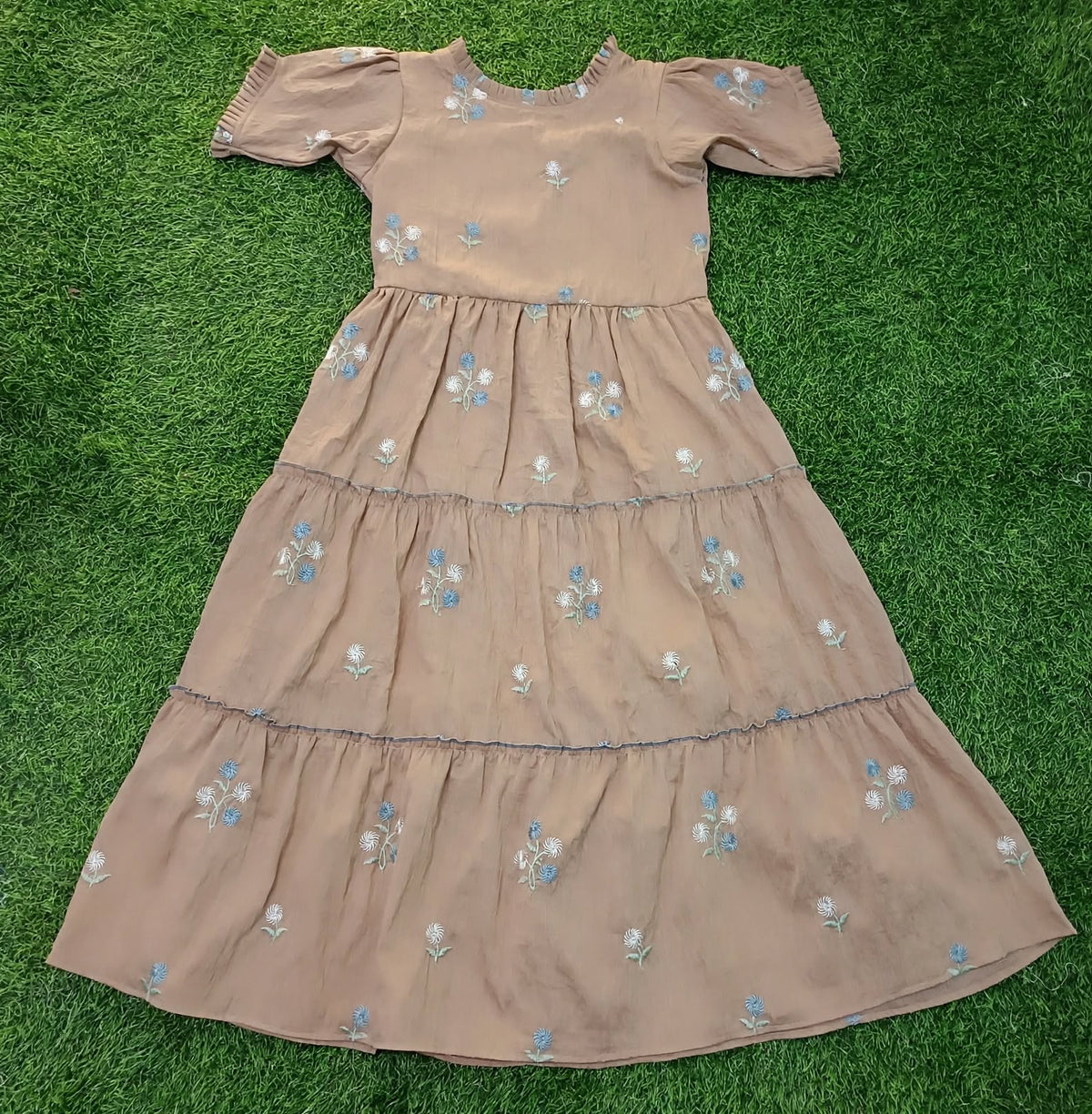 Ladies Light Brown Floral Embroidered Frill Round Neck Puff Sleeve 3-Step Flared Long Frock