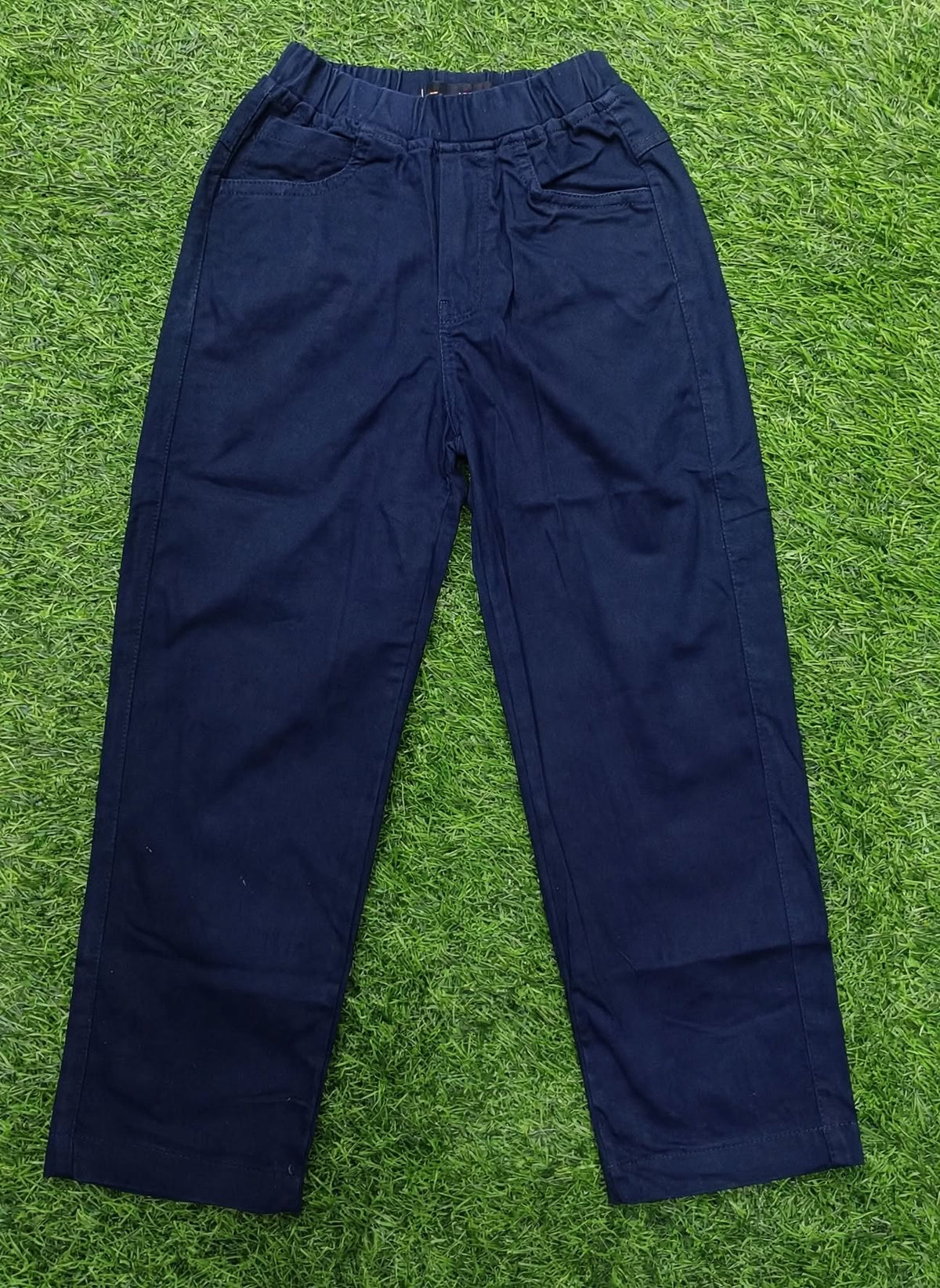 Kids Light Navy Blue Cotton Straight-Fit Elastic Waist Pant with Side Pockets & Back Patch Pocket