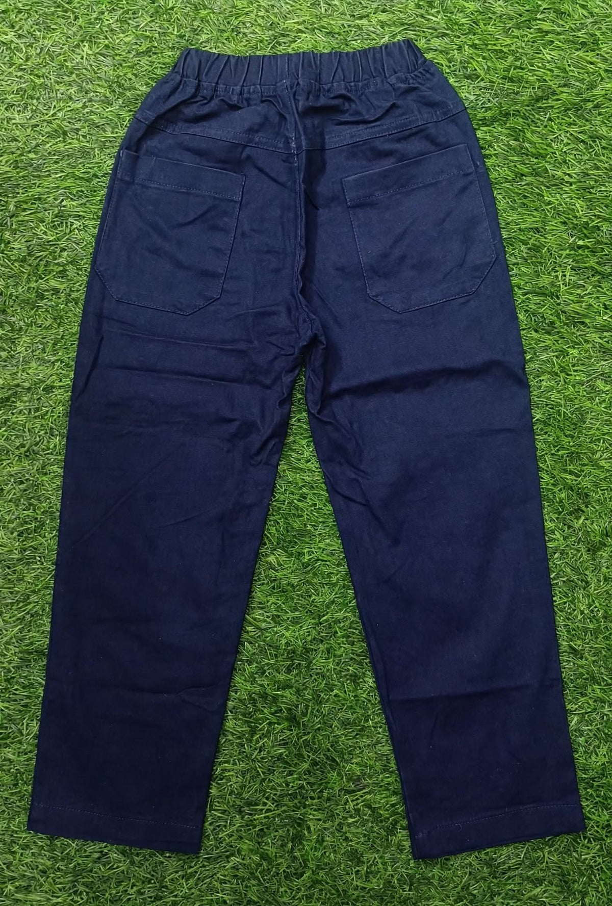 Kids Light Navy Blue Cotton Straight-Fit Elastic Waist Pant with Side Pockets & Back Patch Pocket