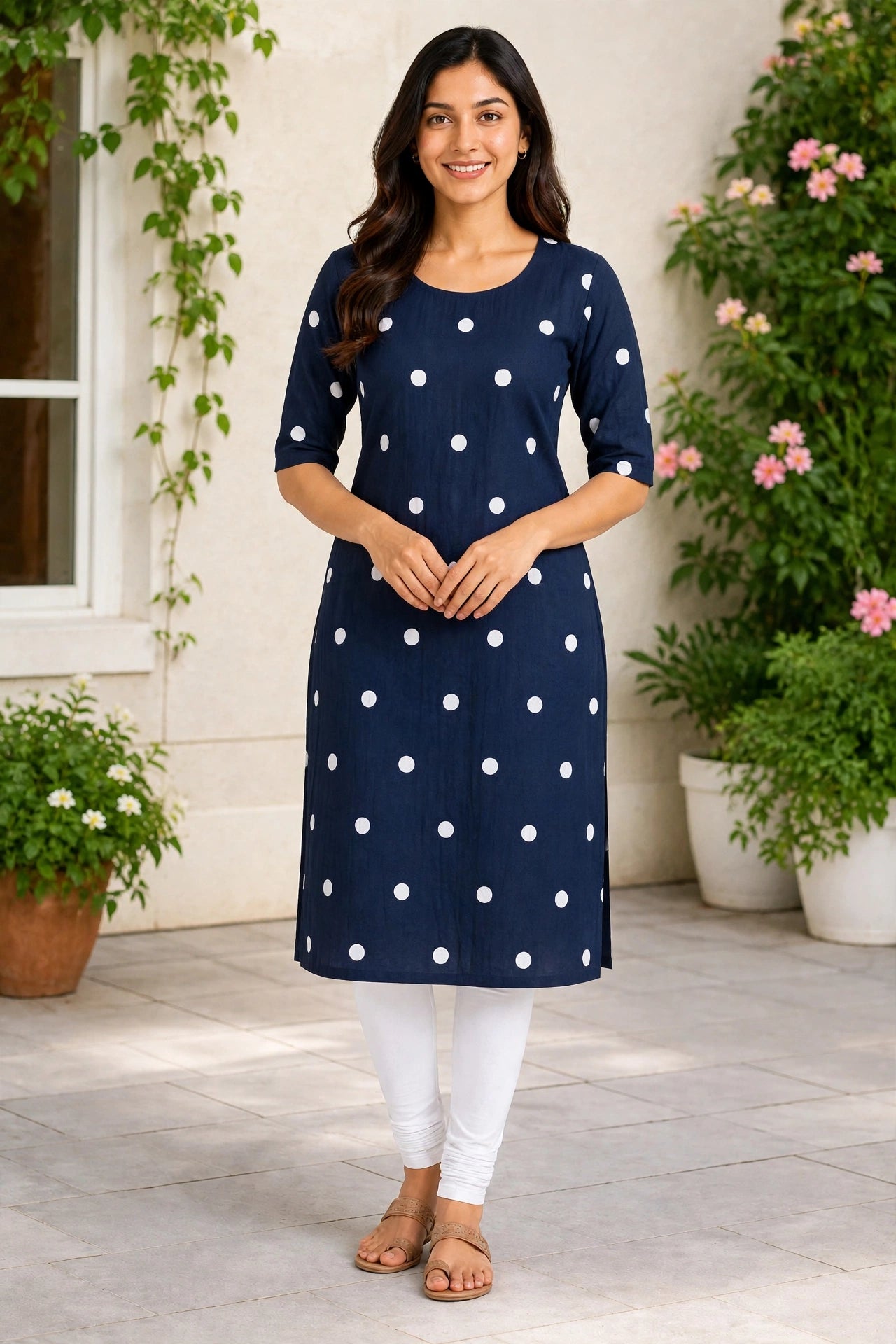 Women’s Dark Navy Blue & White Polka-Dot Crepe Straight-Cut Kurthi with Elbow Sleeves & Pocket