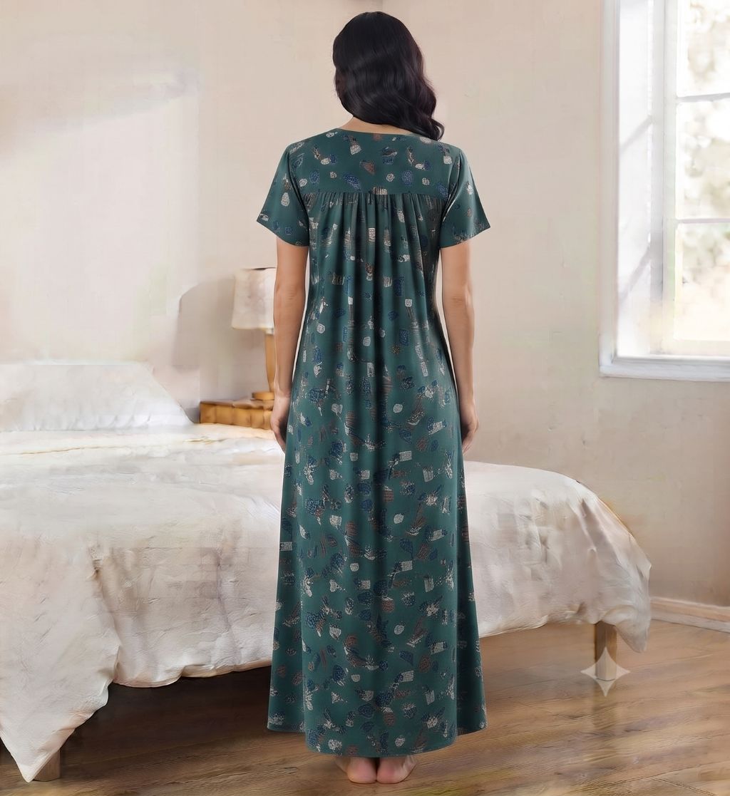 Women's teal green Abstract Print Maxi Nighty Rayon Fabric Front Open